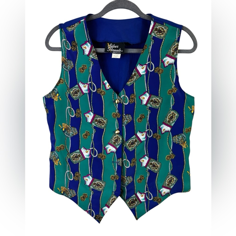 Silver Threads Women's Size M Ships & Ropes Nautical Print Vintage Vest USA